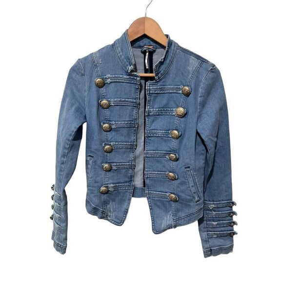 Free People Fitted Military Nautical Embellished Sleeves Jacket XS Denim - Picture 3 of 11